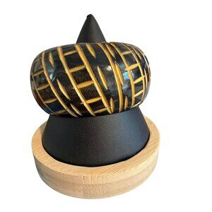 Vintage Carved Black Tan Wood Bangle Bracelet Tribal 1.5" Wide Estate Size 7"